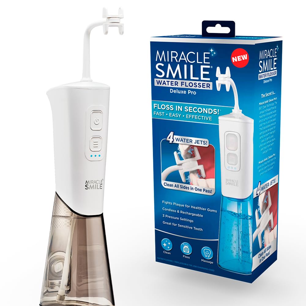 Contents include flosser, heads, USB cable, and instruction booklet