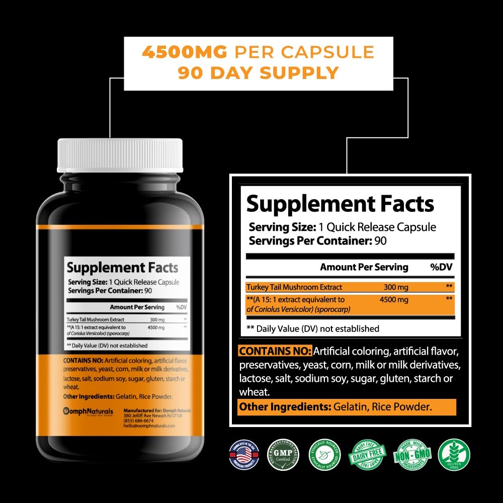 Front view of Oomph Naturals Turkey Tail Mushroom Capsules showing 90-day supply