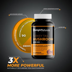 Graphic illustrating immune support and gut health benefits from Turkey Tail capsules