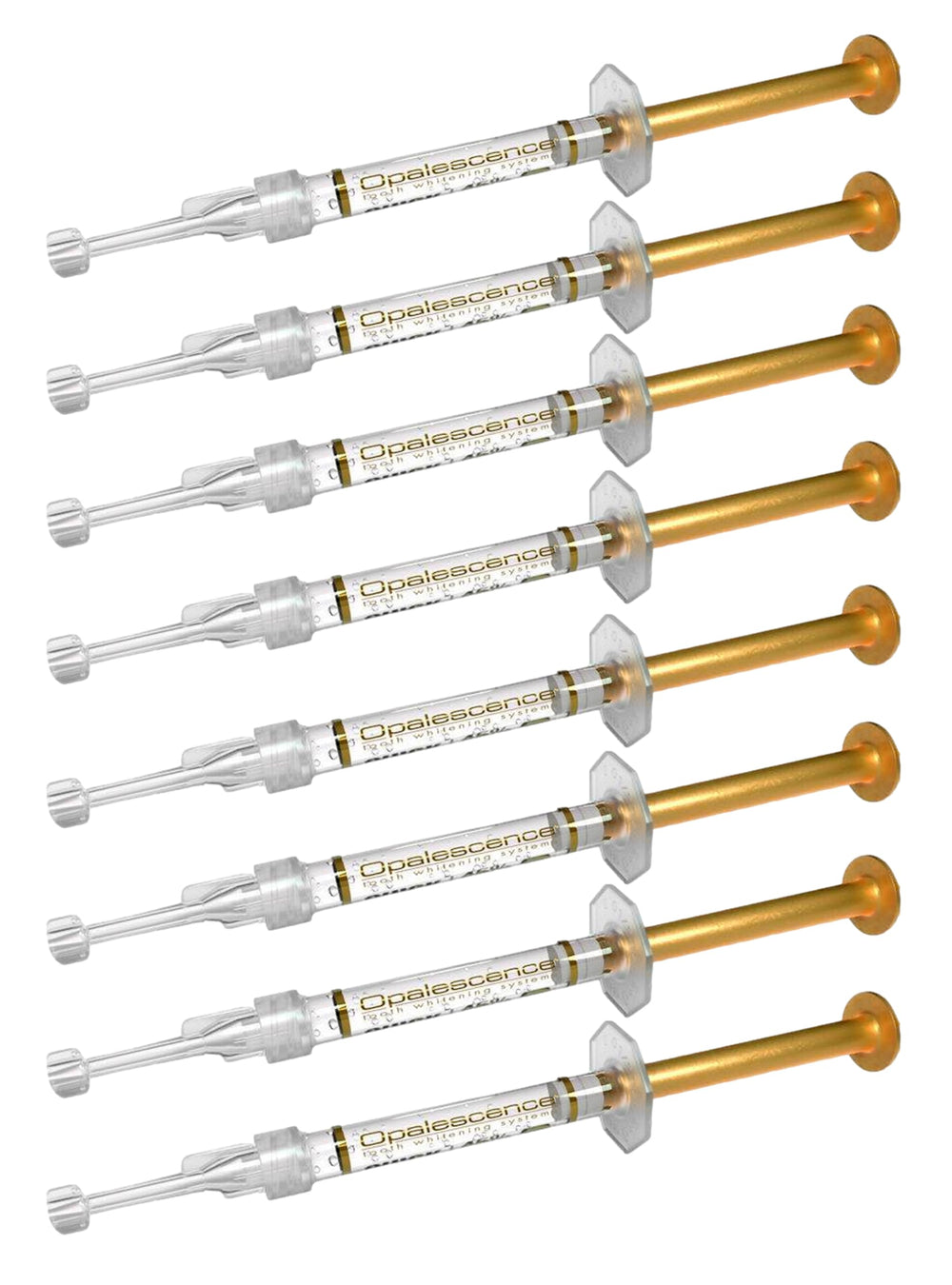 Front view of Opalescence 45% whitening gel syringes refill kit (8 syringes)