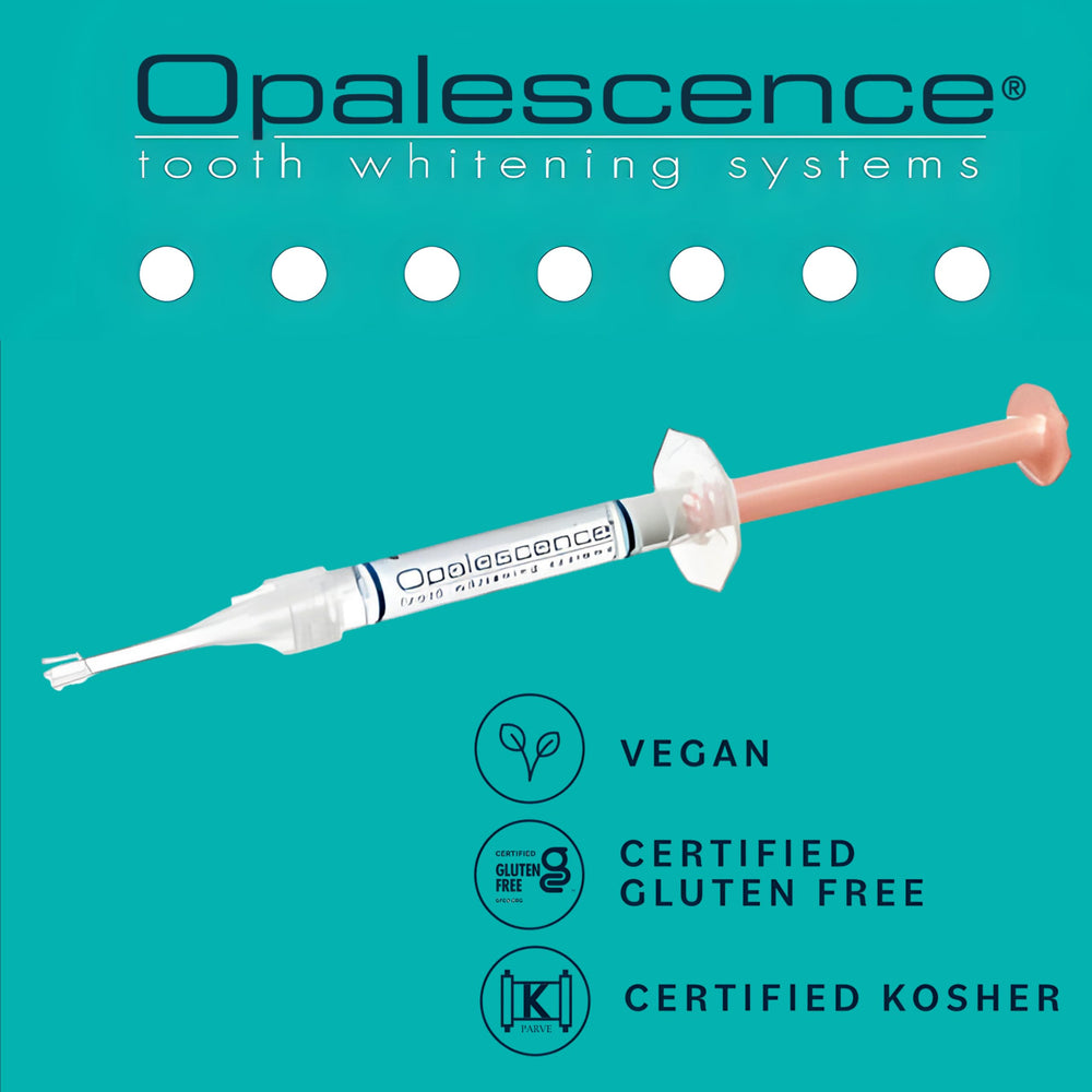 Close-up of Opalescence PF 20% carbamide peroxide whitening gel syringe