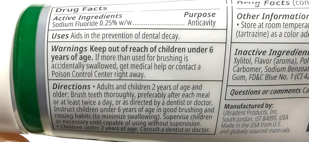 Ingredients and packaging details for Opalescence toothpaste