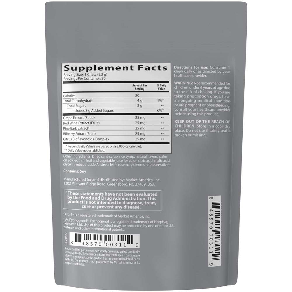 Close-up of OPC-3 Antioxidant Chews showing grape seed and bilberry