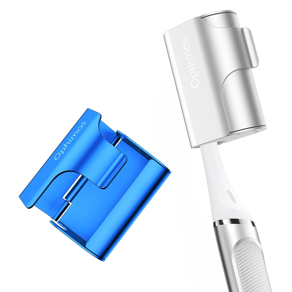 Ophimos aluminum alloy toothbrush head cover in silver and blue