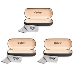 Oplee 3-pack black hard-shell eyeglass cases with gray microfiber cloth