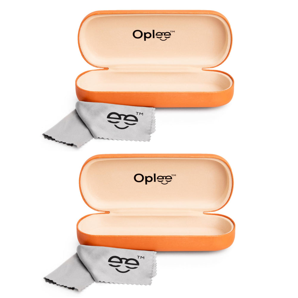 Closed orange hard-shell eyeglass case with protective exterior