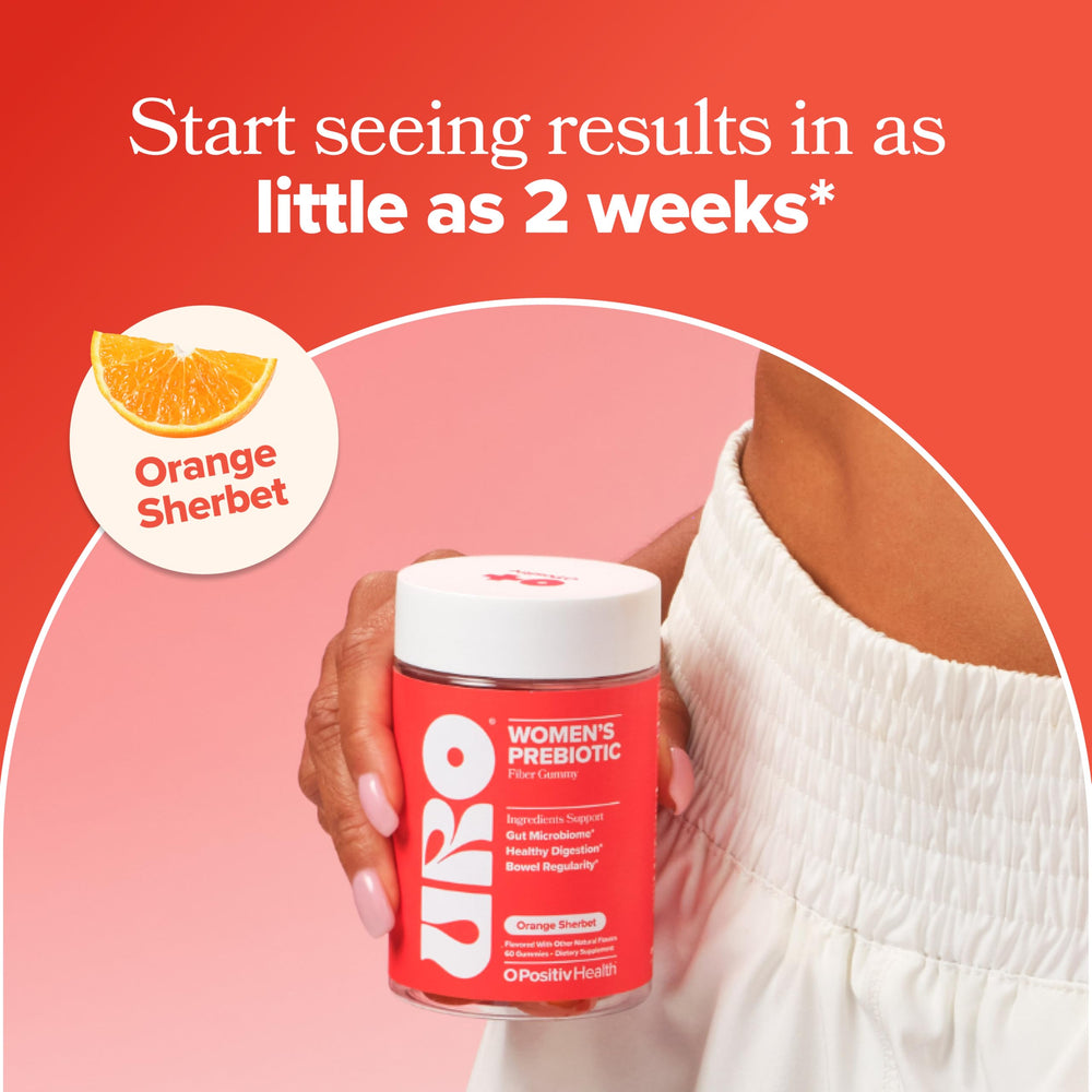 Two URO Fiber Gummies on white surface