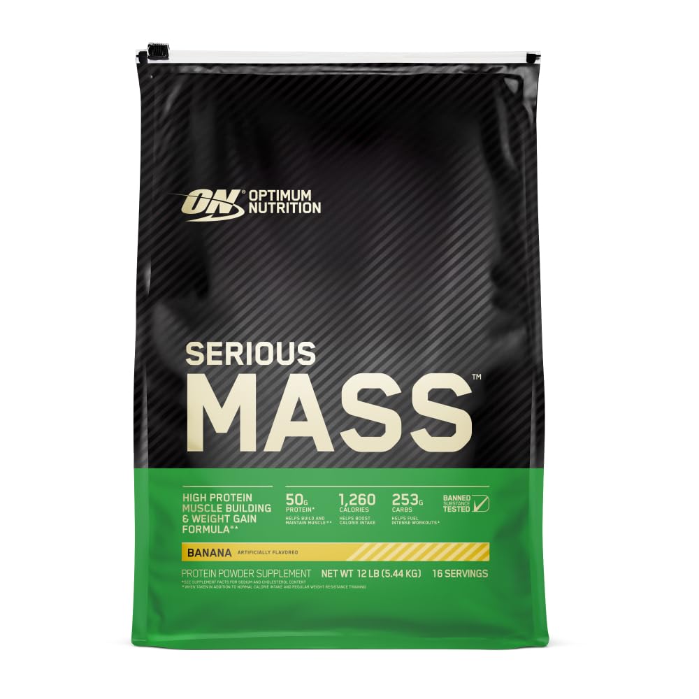 Optimum Nutrition Serious Mass banana weight gainer 12 lb front packaging