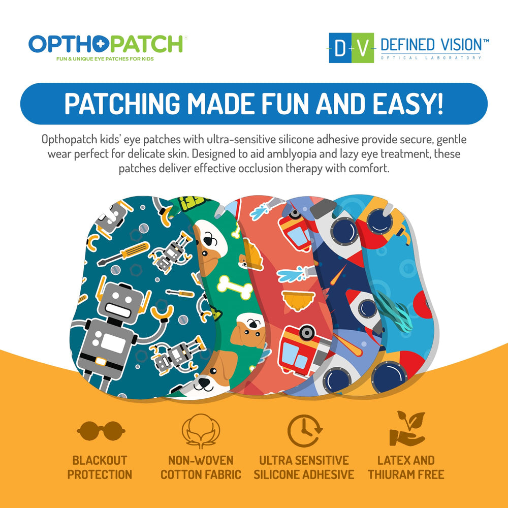 Colorful boy-friendly designs on Opthopatch patches
