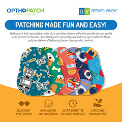 Colorful boy-friendly designs on Opthopatch patches