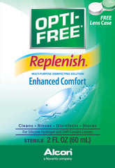 Close-up of OPTI-FREE Replenish label highlighting 2D formula