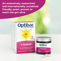 Close-up of OptiBac Saccharomyces boulardii packaging label