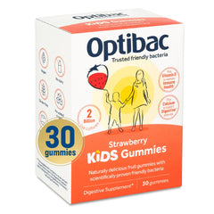 Optibac Probiotics Kids Gummies bottle label highlighting Vitamin D & Calcium, 30 vegan gummies