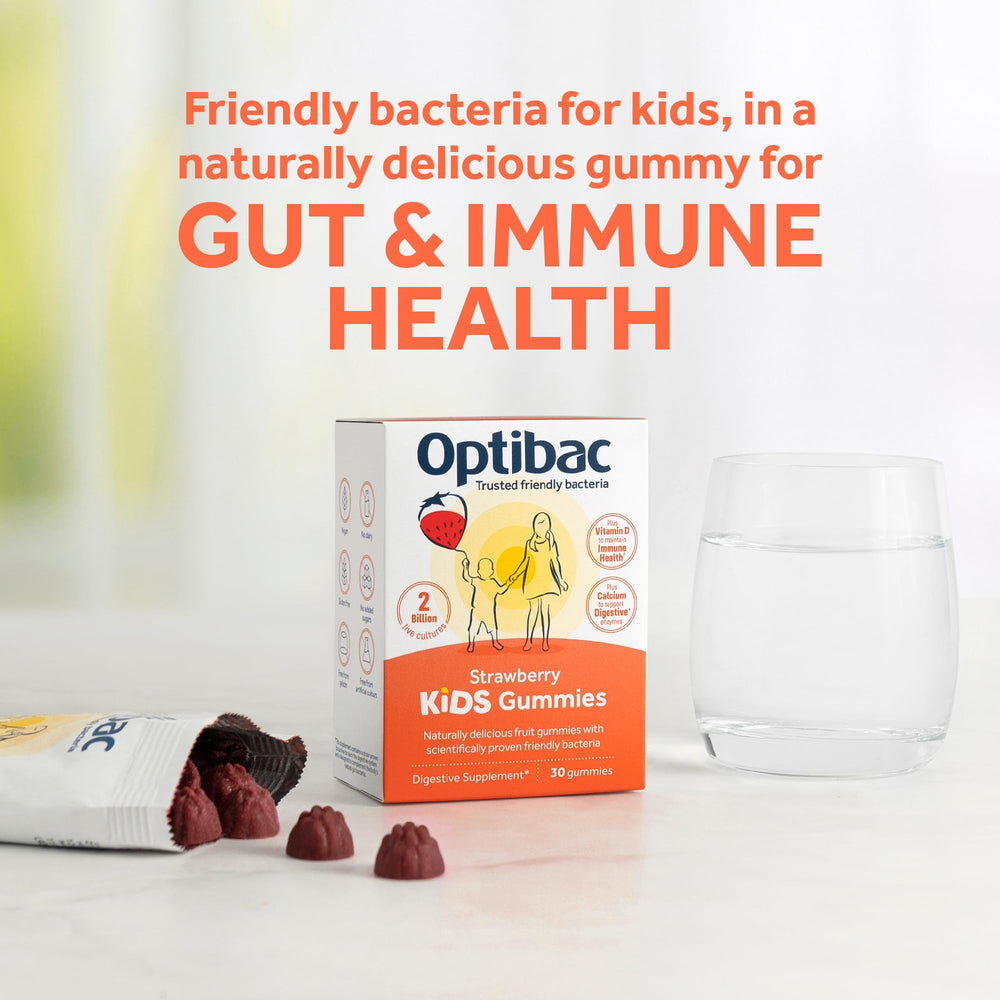 Close-up of Optibac Probiotics Kids Gummies packaging showing vegan formula and 2B bacterial cultures