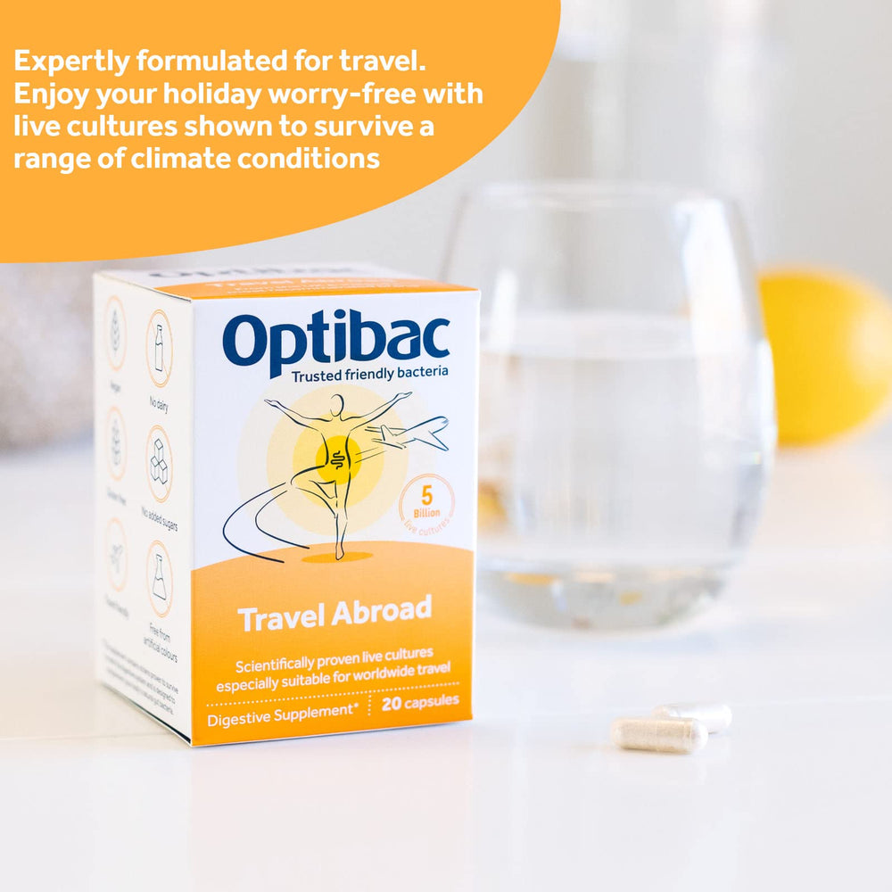 Optibac Travelling Abroad packaging and bottle on white background