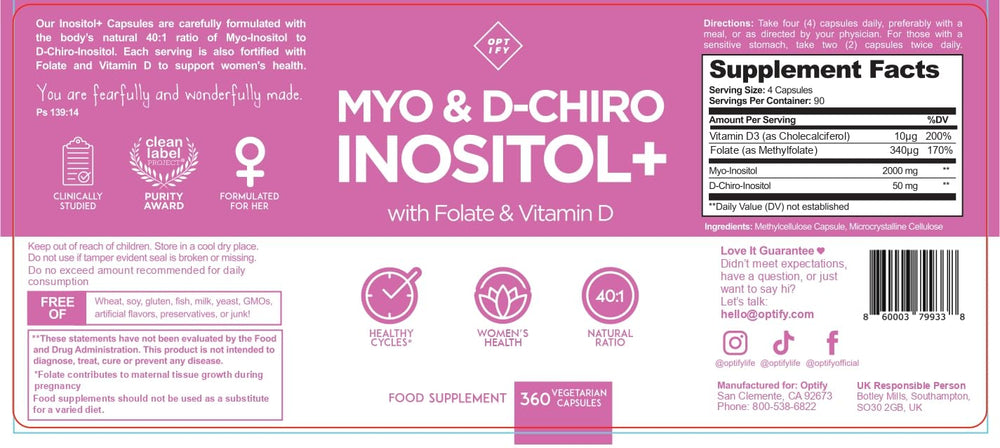 Optify Inositol for Women bottle back highlights 40:1 ratio for potency