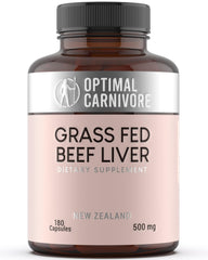 Bottle of Optimal Carnivore Grass Fed Beef Liver Capsules on white background