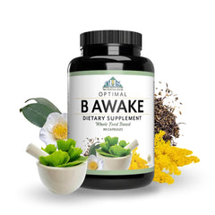 Optimal Health Systems B Awake bottle front highlights natural energy support.