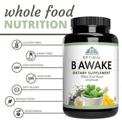 Optimal Health Systems B Awake label detail features whole-food vitamins and enzymes.