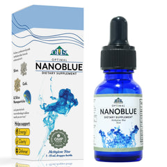 Optimal Health Systems NanoBlue bottle showcases patented methylene blue for daily energy support.