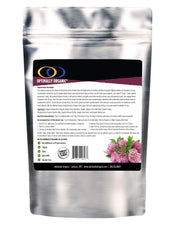 Optimally Organic ESSIAC Tea Powder container closeup with organic herbs