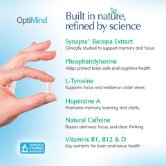 Optimind phosphatidylserine capsule highlighting cognitive clarity for daily tasks.