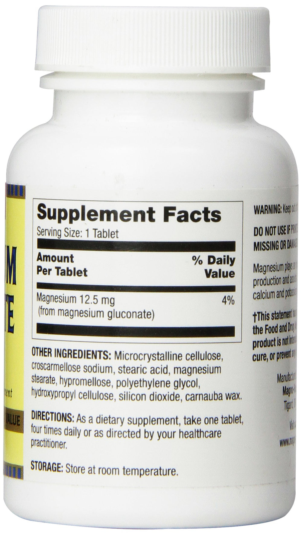 Label showing magnesium gluconate ingredients and dosage