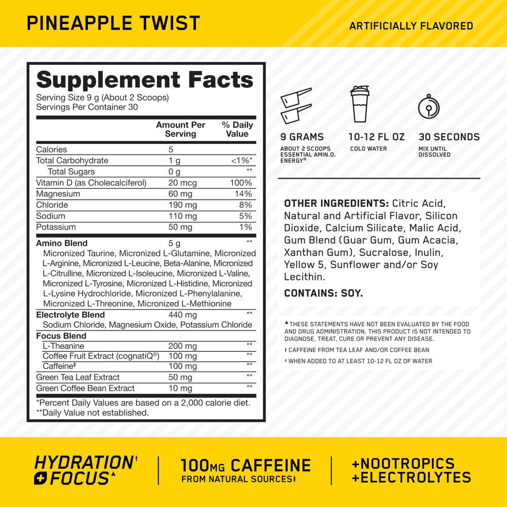 Optimum Nutrition Amino Energy Pineapple Twist powder scoop highlights amino acids.