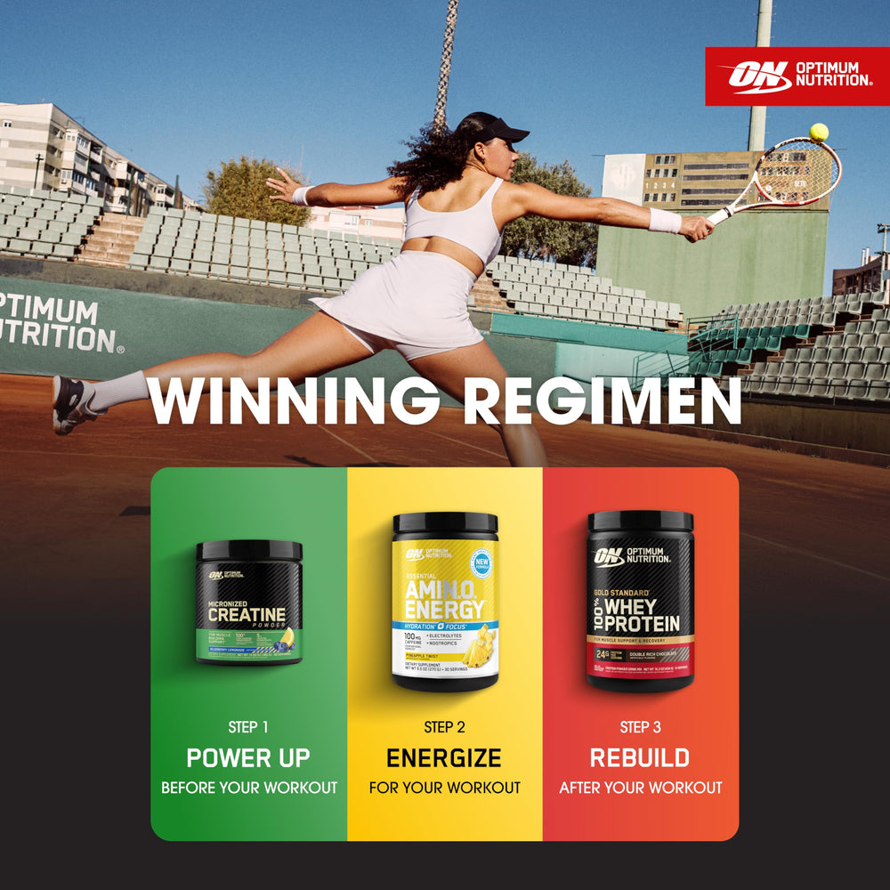 Amino acids blend shown for post-workout recovery and performance support.