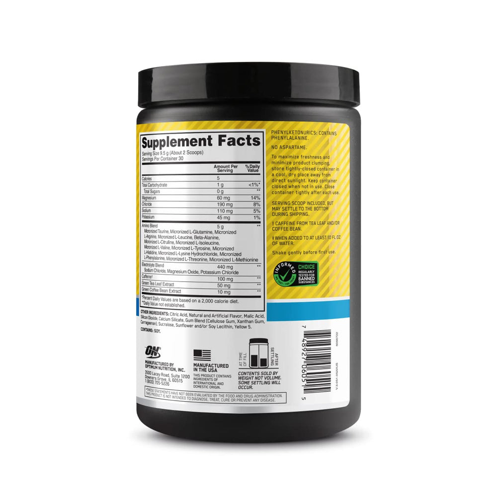 Caffeine sources: green tea and coffee bean information for Amino Energy Plus Hydration.