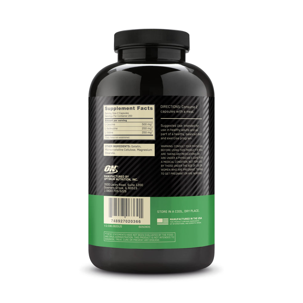 Packaging box and bottle of Optimum Nutrition BCAA 1000 400 capsules