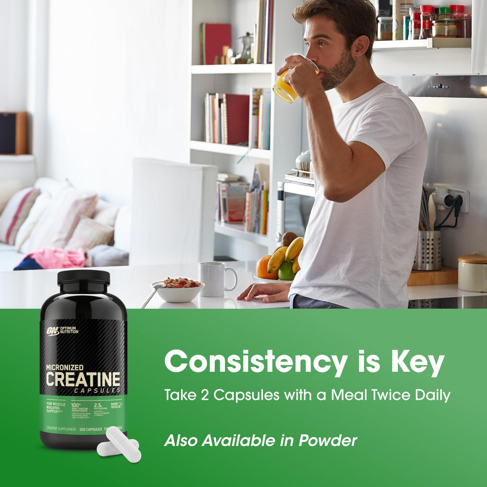 Optimum Nutrition Creatine 2500 capsules in hand for portability