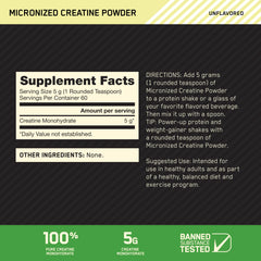 Optimum Nutrition label on creatine powder showcases quality and servings.