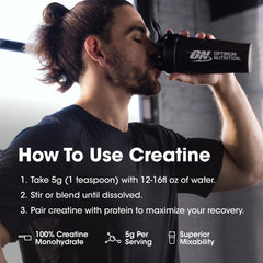 Workout-ready Optimum Nutrition creatine powder shown beside training gear.