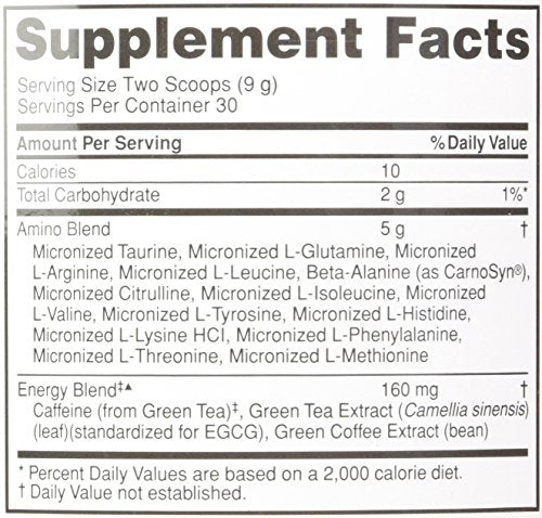 Optimum Nutrition Essential Amino Energy Concord Grape ingredients panel emphasizes amino acids for training