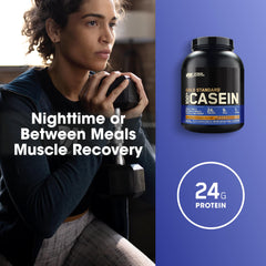 Optimum Nutrition Gold Standard Casein mixed shake—Chocolate Peanut Butter flavor in a smooth night-time drink.
