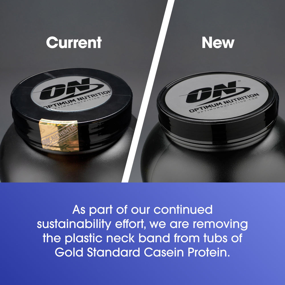 Optimum Nutrition Gold Standard Casein tub with spoons—great for organized nightly routine.