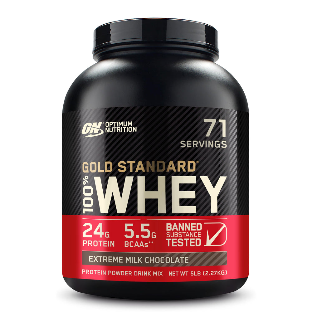 Optimum Nutrition Gold Standard Whey tub front highlights high-protein post-workout nutrition.