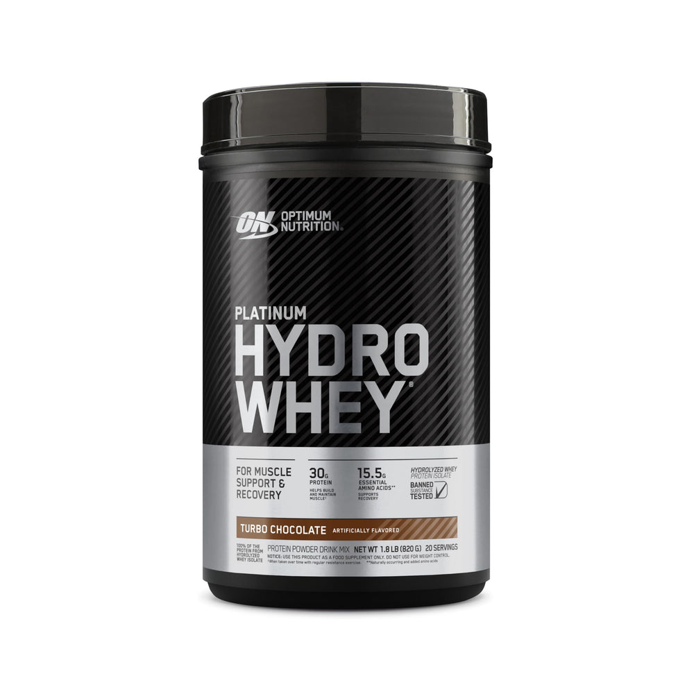 Optimum Nutrition Platinum Hydrowhey Turbo Chocolate bottle shows fast-acting protein for post-workout recovery.