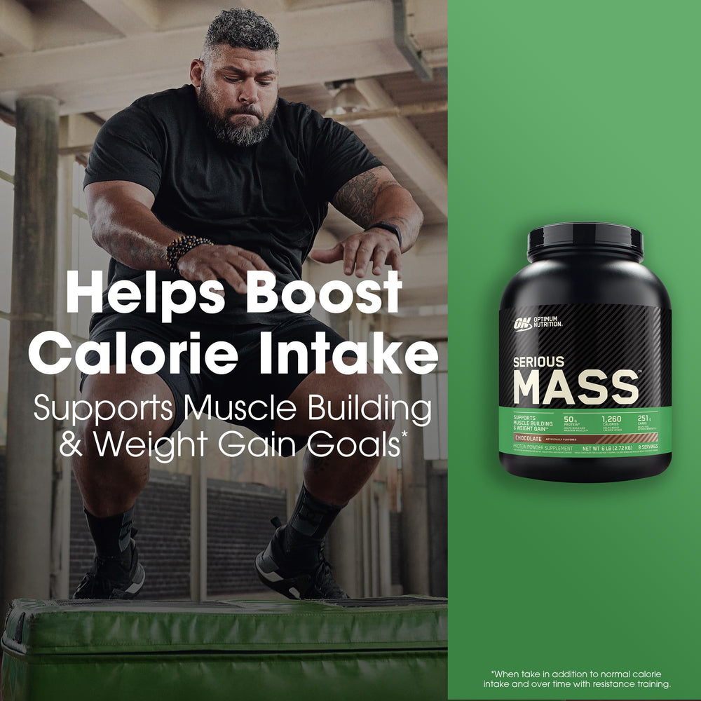 Serious Mass chocolate 6 lb product label and nutrition panel