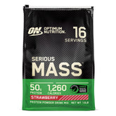 Front view of Optimum Nutrition Serious Mass Strawberry 12 lb packaging