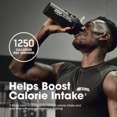 Optimum Nutrition Serious Mass strawberry nutrition facts displayed on the panel.