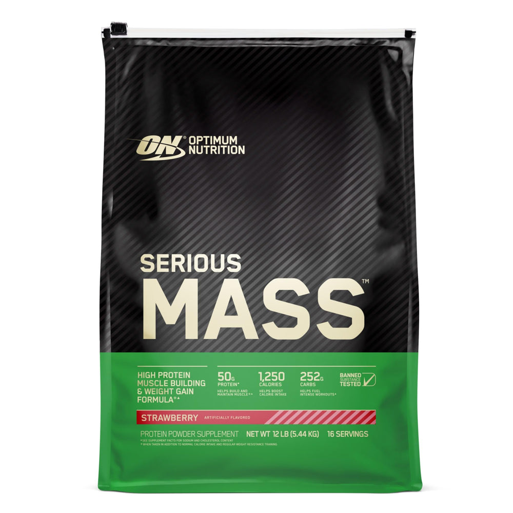 Optimum Nutrition Serious Mass packaging showcases mass gain support for athletes.