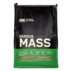 Optimum Nutrition Serious Mass packaging showcases mass gain support for athletes.