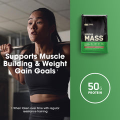 Optimum Nutrition Serious Mass strawberry serving glass with a prepared shake.