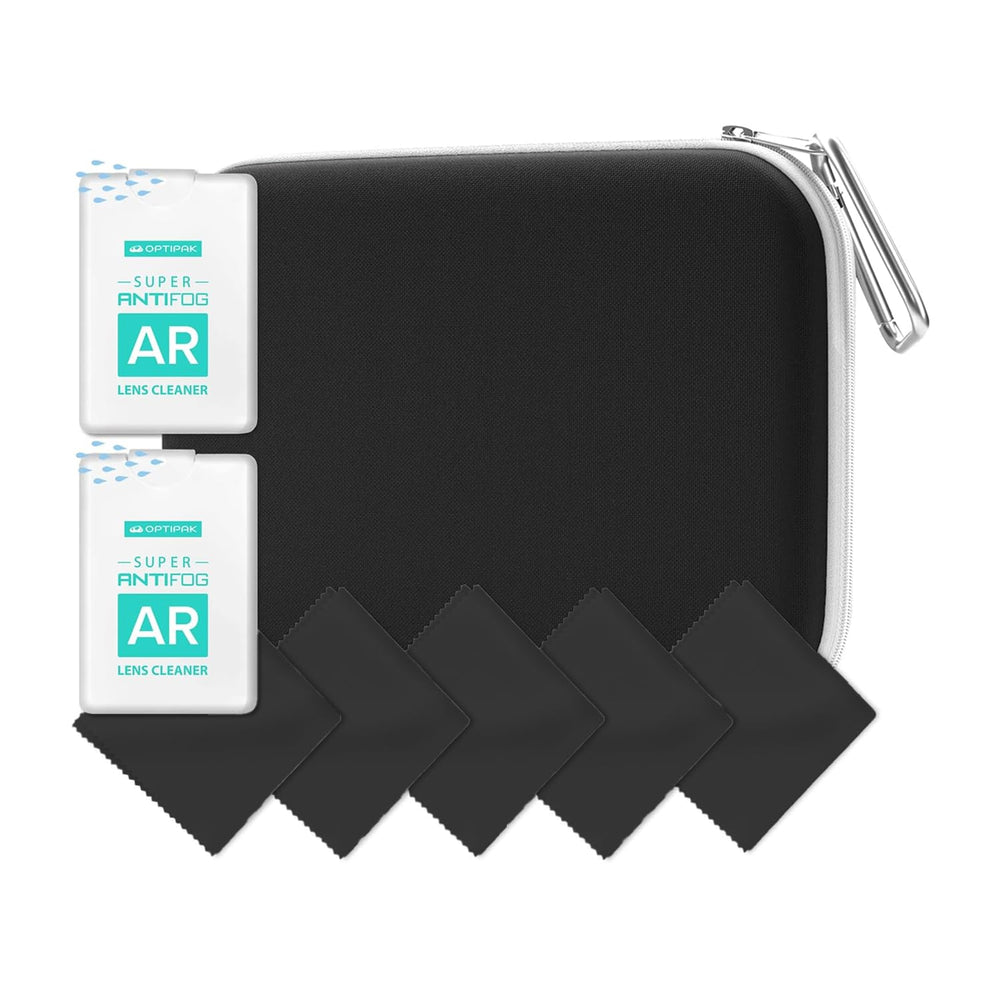 Front view of Optipak antifog spray kit with 30ml bottles in a black slim case