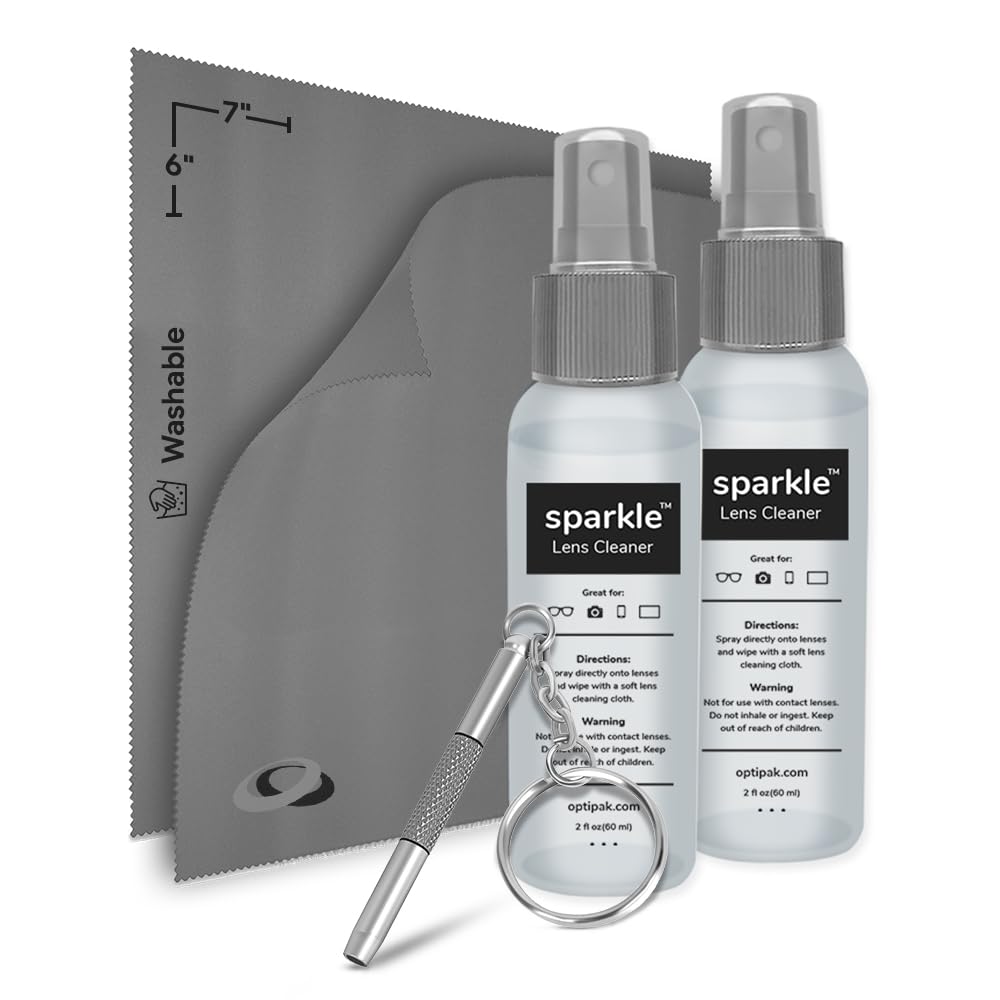 Two 2oz spray bottles of OPTIPAK Sparkle AR-safe lens cleaner