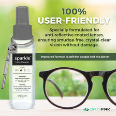 Glasses and devices being cleaned with OPTIPAK Sparkle lens cleaner