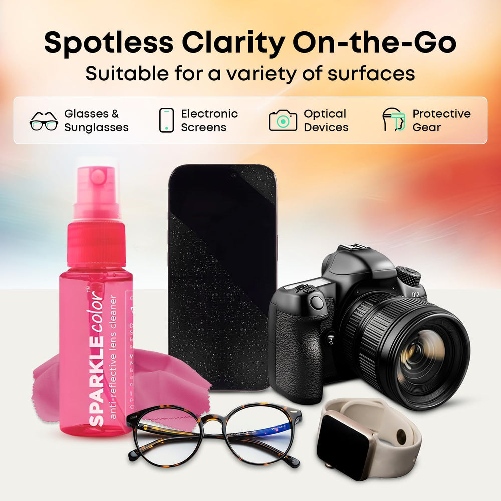 Pink 1oz spray bottle used for lens and screen cleaning in OPTIPAK Sparkle kit
