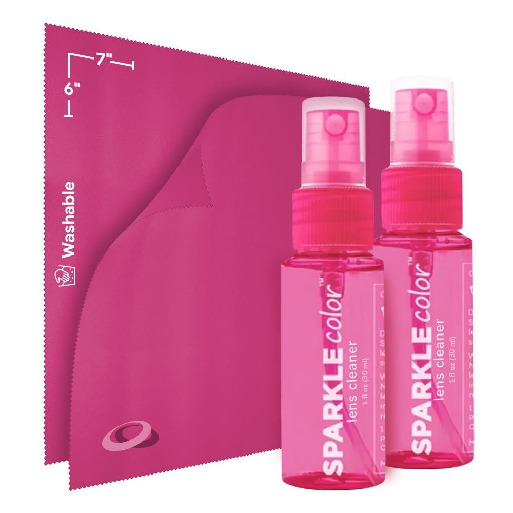 Two pink 1oz spray bottles and two pink microfiber cloths from OPTIPAK Sparkle Lens Cleaner Kit